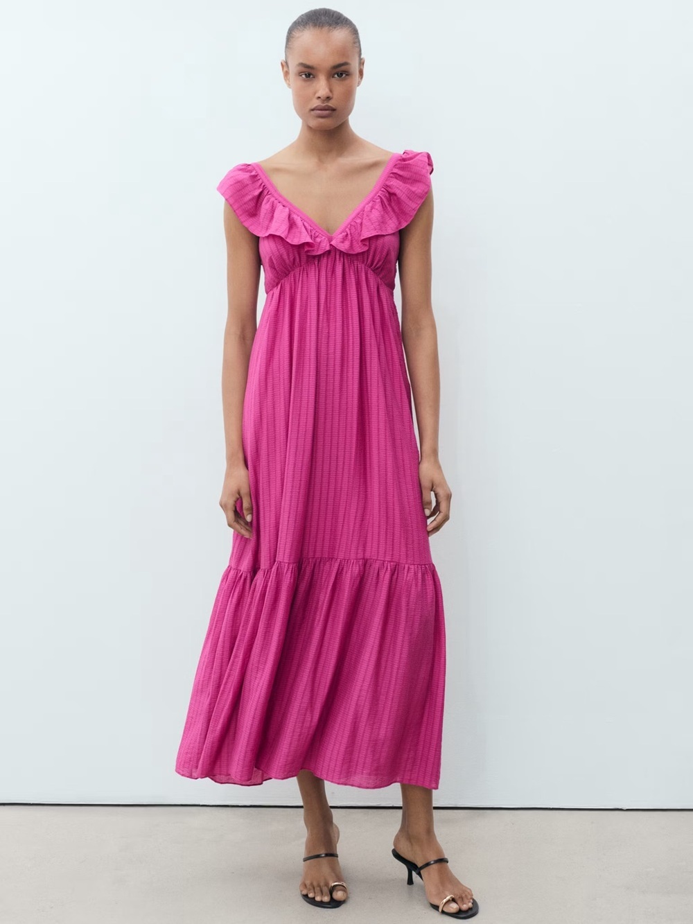 Mango Fuchsia long dress with ruffle neckline NWT